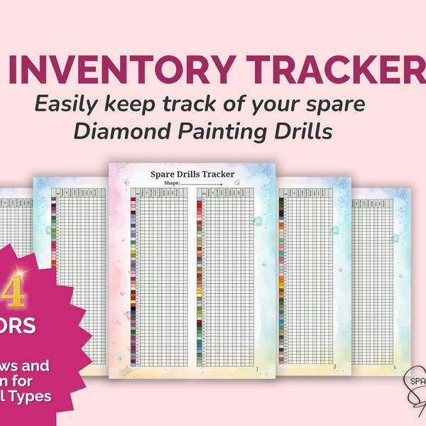 May include: A digital inventory tracker for diamond painting drills featuring a pastel watercolor background. The document includes columns for 454 colors, extra rows, and the text 'INVENTORY TRACKER', 'Spare Drills Tracker', and 'Shape'.