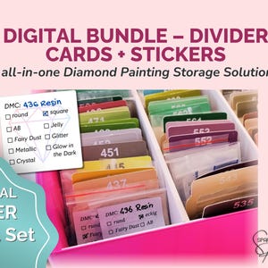 May include: Digital bundle for diamond painting storage. The image shows a pink container filled with labeled divider cards and stickers. The cards are labeled with numbers and colors, and the text "DIGITAL BUNDLE - DIVIDER CARDS + STICKERS" is visible.