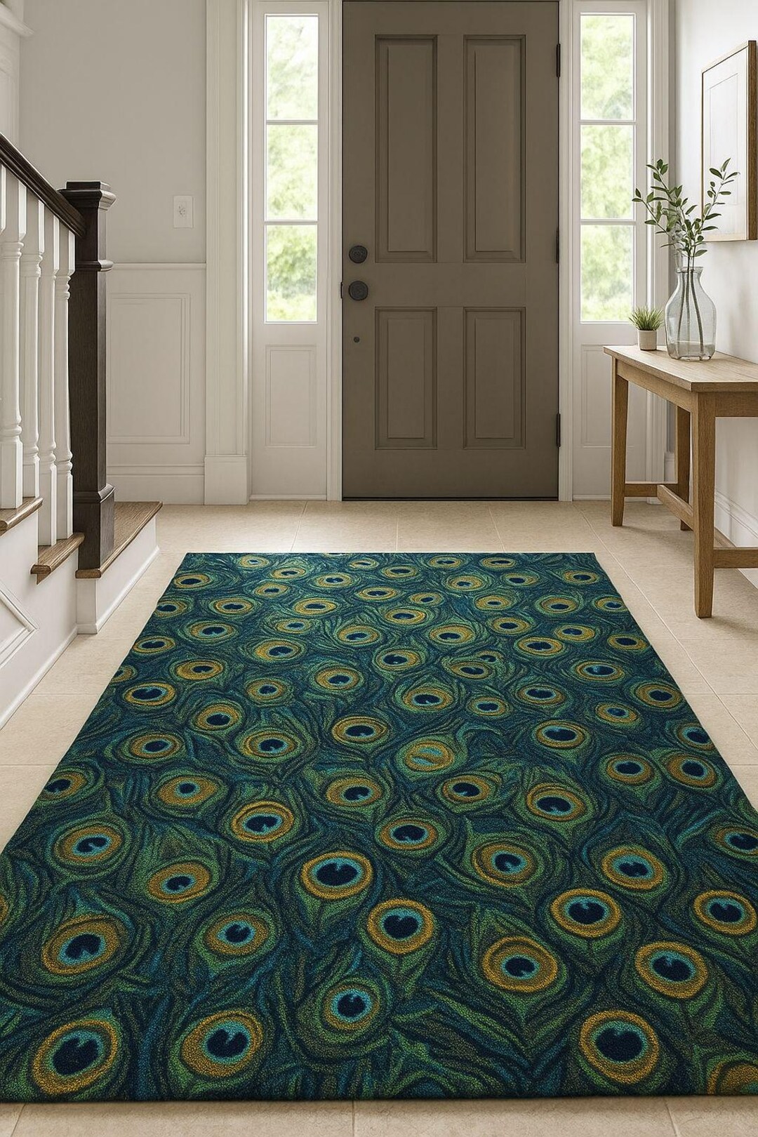 Hand-tufted Wool Peacock Feather Rug: Teal & Gold Exotic Carpet - Etsy