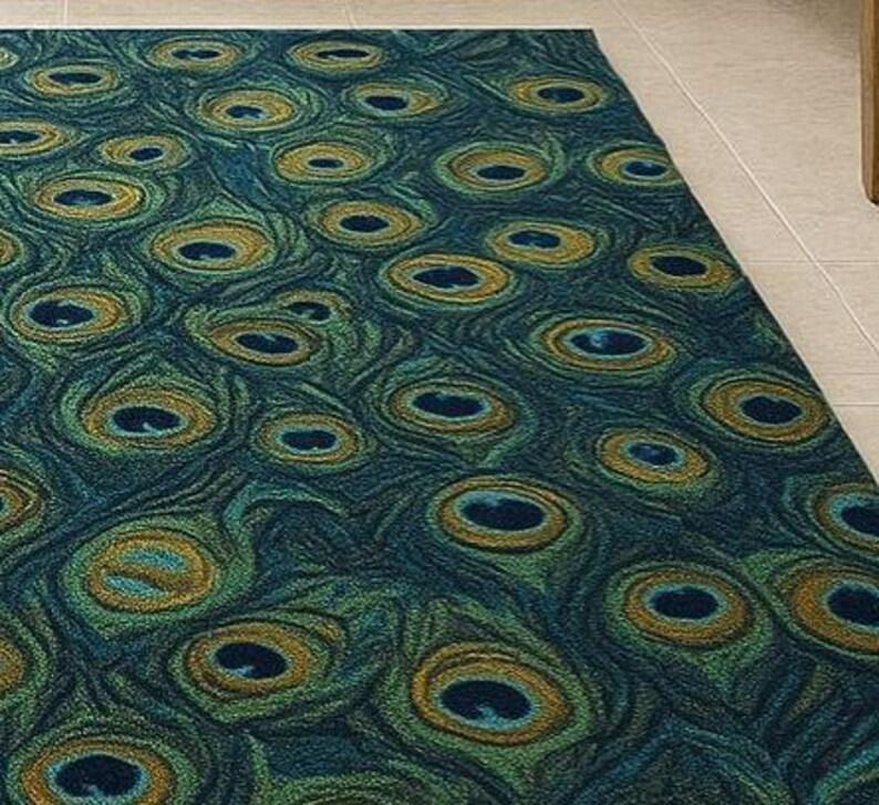 Hand-tufted Wool Peacock Feather Rug: Teal & Gold Exotic Carpet - Etsy