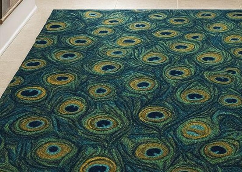 Hand-tufted Wool Peacock Feather Rug: Teal & Gold Exotic Carpet - Etsy