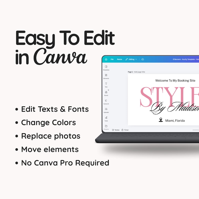 Hair Acuity Scheduling Template Hairstylist Website Banner DIY Salon Booking Site Canva Editable Templates Black Pink Minimalist Design