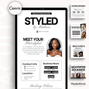 Peut inclure: Flyer numérique noir et blanc pour une coiffeuse nommée Madison. Il comprend des informations de contact, des heures d'ouverture et une photo de la coiffeuse. Des graphiques promotionnels supplémentaires sont également inclus.