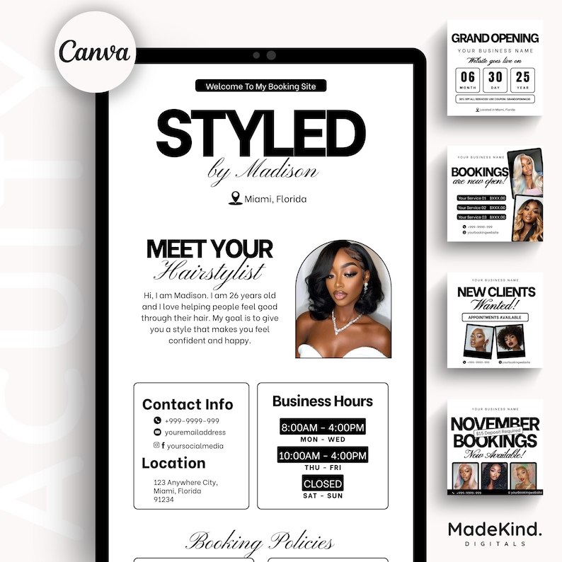 Hair Acuity Bookings Site Acuity Scheduling Template Hair Schedule Acuity Editable Hair Tech Acuity Canva Hairstylist Website Acuity Booking