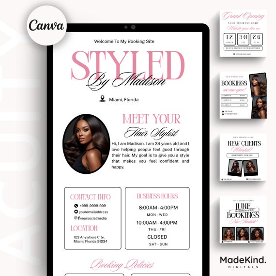 Hair Acuity Scheduling Template Hairstylist Website Banner DIY Salon Booking Site Canva Editable Templates Black Pink Minimalist Design