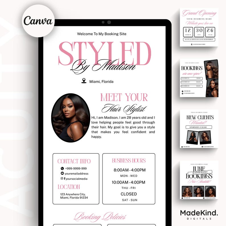 Hair Acuity Scheduling Template Hairstylist Website Banner DIY Salon Booking Site Canva Editable Templates Black Pink Minimalist Design