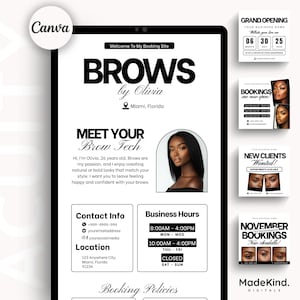 Peut inclure: Publicité numérique pour les services de sourcils, affichée sur une tablette noire. Le texte principal indique "BROWS by Olivia", avec les coordonnées, les heures d'ouverture et une photo de la technicienne en sourcils. Des graphiques promotionnels supplémentaires sont également visibles.