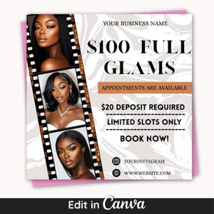 May include: A promotional graphic for beauty services. It features three headshots of women in a film strip, with text overlay: "$100 Full Glams," "Appointments are Available," and "Limited Slots Only." The background has a marble effect.