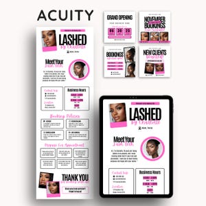 Può includere: Design di marketing digitale per un tecnico di ciglia, con uno schema di colori rosa e nero. Il design include materiali promozionali per prenotazioni, grandi aperture e acquisizione di nuovi clienti. Il testo include orari di lavoro, informazioni di contatto e politiche di prenotazione.