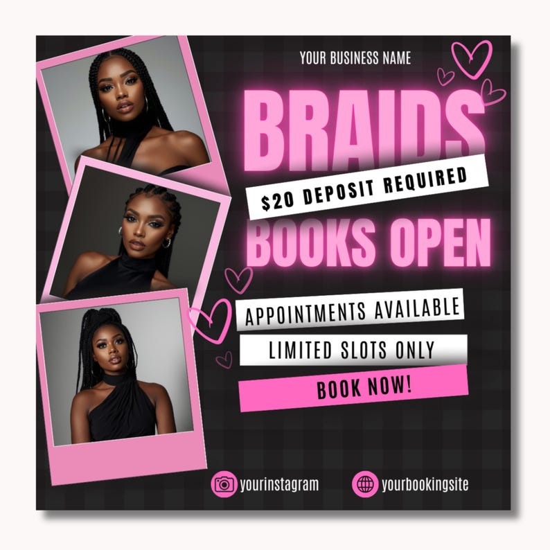 Braids Bookings Flyer Template, Braids Special Deal Appointment Flyer, Braiding Hair Booking Flyers Template Booking Flyer For Braids Canva