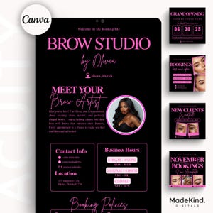 May include: A black and pink flyer for a brow studio, featuring the text "BROW STUDIO by Olivia" and information about the artist and services. Includes contact details, business hours, and booking policies. Additional promotional graphics are also included.