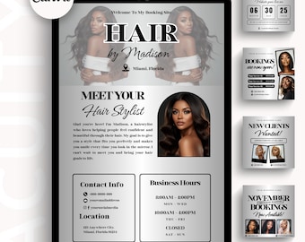 May include: A digital advertisement for a hair stylist named Madison, featuring a woman with long, wavy hair. The ad includes contact information, business hours, and booking policies. The design is primarily black and white with a touch of gray.