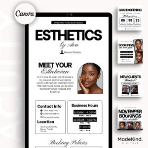 以下が含まれることがあります： タブレットに表示された「Esthetics by Ava」のデジタル広告。連絡先情報、営業時間、予約ポリシーが記載されています。デザインは白黒で、女性の写真が使用されています。追加のプロモーション用グラフィックも含まれています。