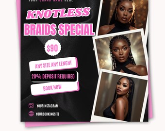 Knotless Braids Booking Flyer, Hair Braiding Appointment Template, Braid Salon Flyers Braids Special Deal for Hair Braiders Canva Template