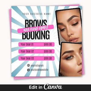 May include: A promotional graphic for a beauty service. The design features the text "BROWS BOOKING" with the words "are now open!" in a pink banner. The graphic includes a tablet with a close-up of a woman's face with perfectly shaped eyebrows. The graphic also includes social media handles.