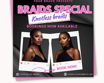 Knotless Braids Booking Flyer Appointment Template, Braid Special Deal For Hair Braiders Instagram Template, Small Hair Salon Business Flyer