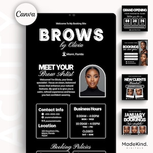 May include: Black and white digital marketing graphic for a brow artist, featuring the text "Brows by Olivia" and contact information. Includes a photo of the artist and examples of her work. Additional promotional graphics are also included.