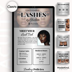 May include: Digital advertisement for "Lashes by Charlotte" featuring a woman's face with long eyelashes. The ad includes contact information, business hours, and booking policies. The design is black, white, and gray.