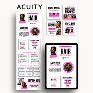 May include: A digital marketing display for a hair stylist, featuring a tablet and several flyers. The design incorporates pink accents and includes the text "HAIR by Madison," contact information, and booking details. The display also promotes grand opening and new client availability.