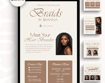 May include: Digital marketing template for a hair braiding business, featuring a tablet displaying business information. The design includes the business name "Braids by Brianna", contact details, business hours, and a photo of a hair braider.