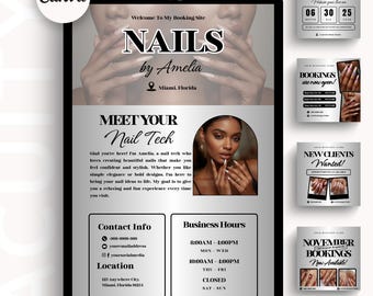 May include: Digital advert for "NAILS by Amelia" in Miami, Florida. The design features a woman's face and hands with manicured nails. Includes contact info, business hours, and booking policies. Additional promotional graphics are also included.