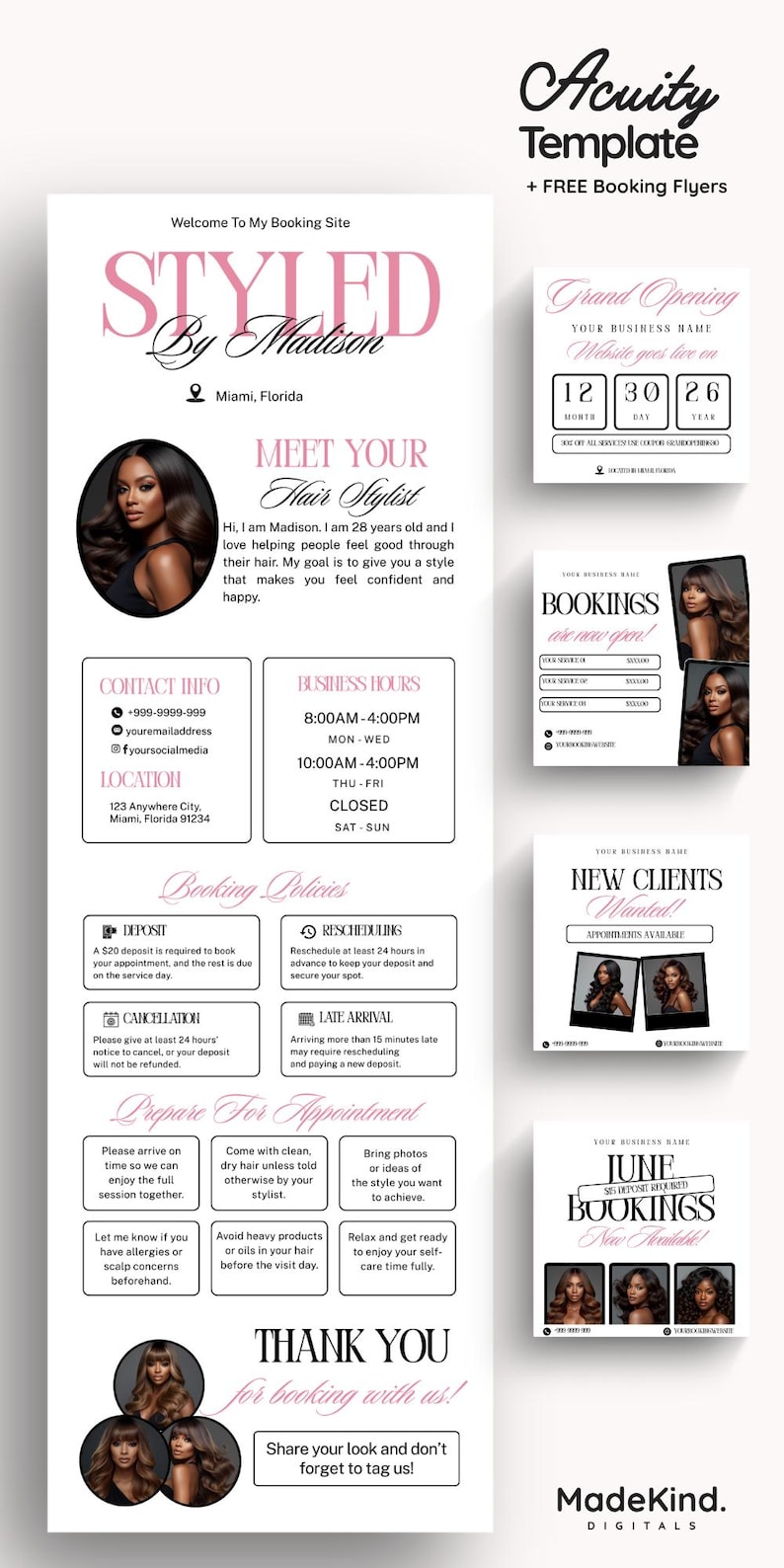 Hair Acuity Scheduling Template Hairstylist Website Banner DIY Salon Booking Site Canva Editable Templates Black Pink Minimalist Design