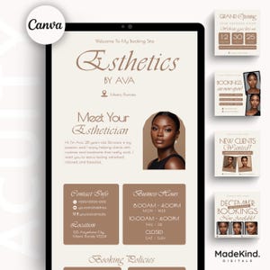 Puede incluir: Un anuncio digital de "Esthetics by Ava" en una tableta. El diseño presenta una foto de una mujer, horarios comerciales, información de contacto y el texto "Welcome To My Booking Site". También se ven gráficos promocionales adicionales.