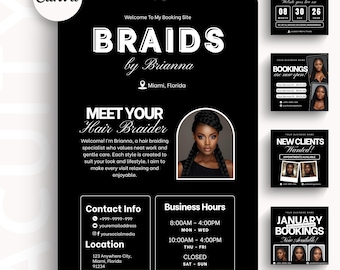 Braid Acuity Scheduling Templates Braiding Website Template Braiders Booking Site Business Branding Hair Braider Flyer Canva Editable Design