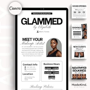 May include: Digital marketing graphic for a makeup artist, featuring the text "GLAMMED by Elizabeth" and contact information. Includes a photo of a woman and promotional graphics for bookings and grand opening.
