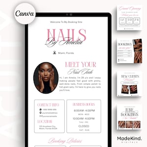 Könnte beinhalten: Digitale Werbung für ein Nagelstudio, angezeigt auf einem Tablet. Die Seite zeigt den Namen des Salons, "Nails By Amelia", Kontaktdaten, Öffnungszeiten und ein Foto einer Nageldesignerin. Zusätzliche Werbekarten sind ebenfalls sichtbar.