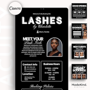 Könnte beinhalten: Schwarz-weiß-Werbegrafik für eine Wimperntechnikerin, "Lashes by Charlotte", mit Kontaktinformationen, Geschäftszeiten und einem Foto der Technikerin. Enthält zusätzliche Werbegrafiken für Buchungen.