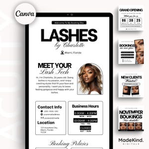 May include: A digital advertisement for "Lashes by Charlotte" featuring a black and white design. The ad includes contact information, business hours, and a photo of a woman. Additional promotional graphics are also present.