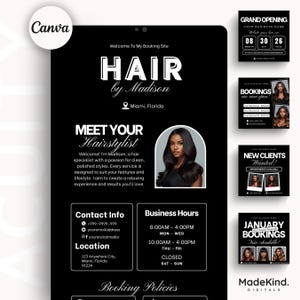 May include: Black and white promotional graphic for a hair stylist, "Hair by Madison," with contact info, business hours, and booking details. Includes a photo of the stylist and examples of her work. Also includes "Grand Opening" and "New Clients Wanted" graphics.