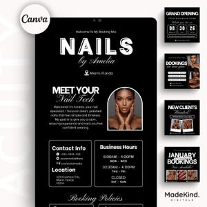 May include: Black and white digital advertisement for a nail salon, "NAILS by Amelia," with contact information, business hours, and booking details. The advertisement includes a photo of a woman and examples of nail designs.