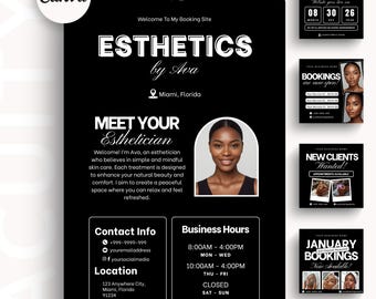 Esthetician Acuity Scheduling Template Esthetics DIY Canva Editable Website Templates Esthetic Minimalist Booking Site Black Banner Branding