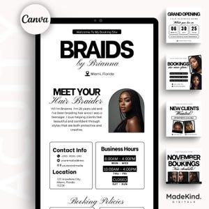 Puede incluir: Folleto digital para un servicio de trenzado de cabello, con el texto "BRAIDS by Brianna" e información de contacto. Incluye una foto de una mujer con cabello trenzado, además de políticas de reserva y horarios comerciales.