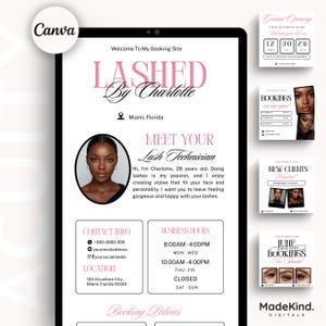 May include: A digital marketing design for a lash technician, displayed on a tablet. The design includes the business name "Lashed By Charlotte", contact details, business hours, and a photo of the technician. Additional promotional cards are also visible.