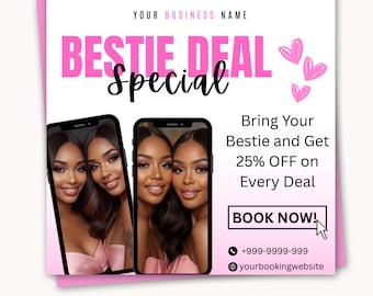 Bestie Deal Booking Flyer Bring a Friend Sale Flyers Hair, Wig Install, Lash, Braids, Nail, Makeup DIY Canva Editable Template Books Open