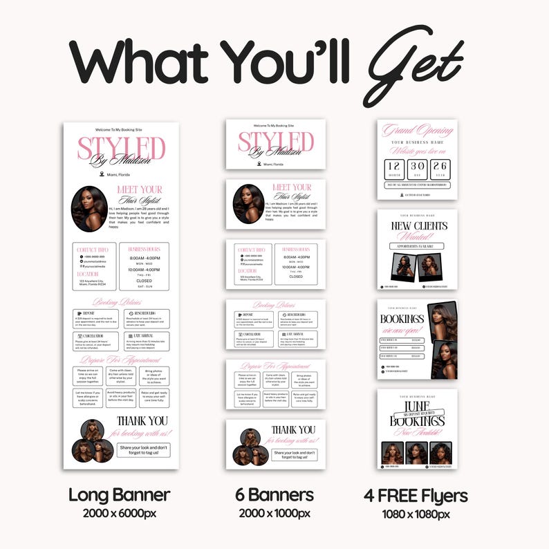 Hair Acuity Scheduling Template Hairstylist Website Banner DIY Salon Booking Site Canva Editable Templates Black Pink Minimalist Design