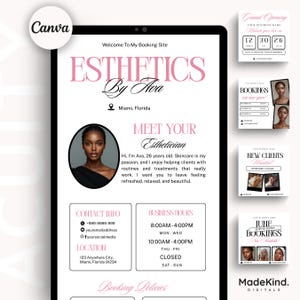 May include: Digital marketing materials for an esthetics business, featuring a tablet displaying a website design with the business name "Esthetics By Ava" and contact information. Additional promotional graphics are also included.