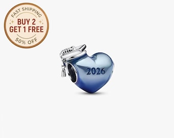 Abschluss 2026 Blaues Herz Anhänger für Armband oder Kette Silber, Halskette Anhänger, Geschenk für Sie, Reise Anhänger, Geschenk für Mama