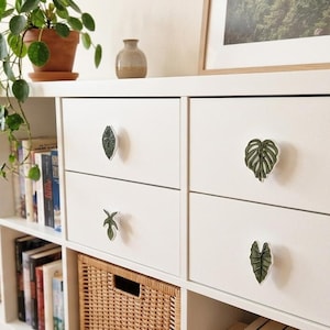 Può includere: Un mobile contenitore bianco con quattro cassetti, ciascuno dotato di un pomello a forma di foglia. I pomelli presentano dettagli verdi e bianchi che imitano l'aspetto di varie foglie di piante tropicali applicate sui frontali dei cassetti.