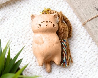 Cute Wooden Kitty Pendant with Tassel, Hand Carved Cliff  Wood Cat pendant, Lucky Charm Bag Accessory for Backpack Phone Car, Cat Lover Gift