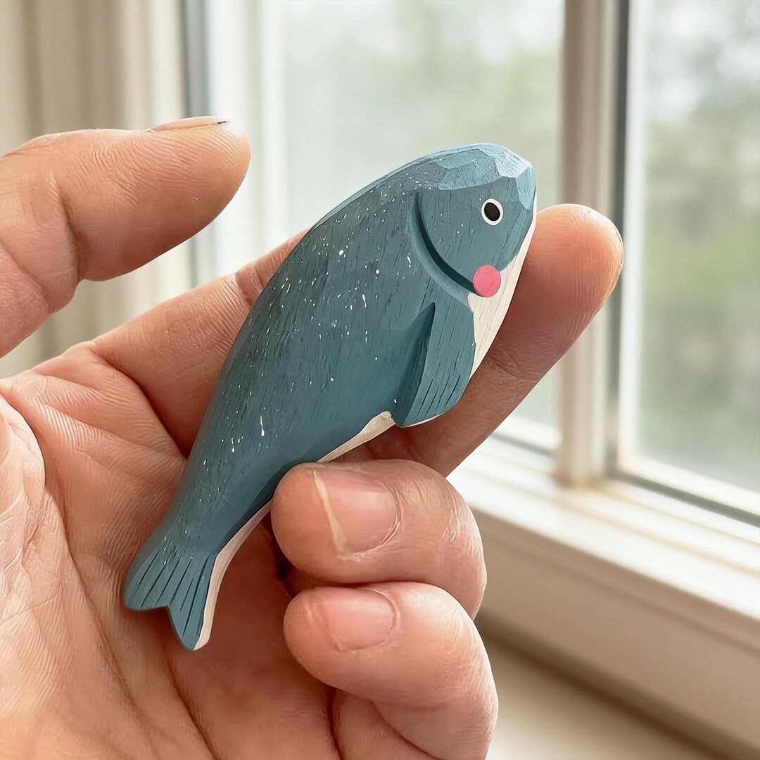 Picture of Hand Carved Wooden Blue Whale Figurine Cute Cartoon Whale Decor, Mini ...