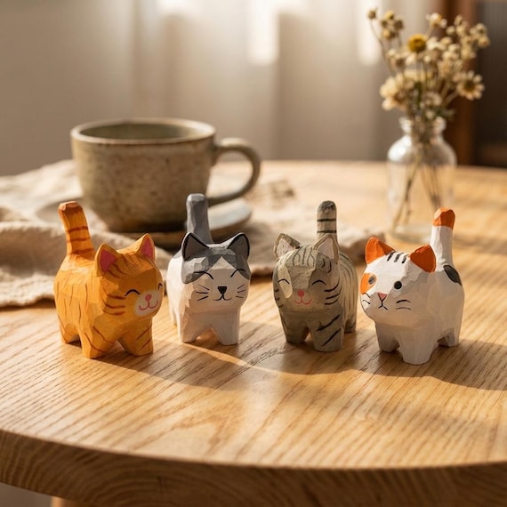 Natural  Wood Hand Carved Cat Figurine, Unique Wooden Sculpture Decor,  Mini Art Ornament for Desk, Shelf, Zen Space or Cat Lover Gift