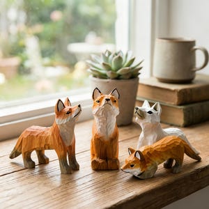 Hand Carved Wooden Fox Figurine, Cute Animal Sculpture, Natural Wood Desk Decor, Fox Statue Gift for Home Shelf Nursery