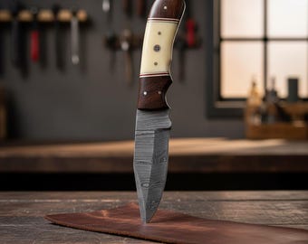 Custom Handcrafted Damascus Steel outdoor lifestyle Knife with Polished Bone and Wood Handle for Outdoor Adventures and Collectors
