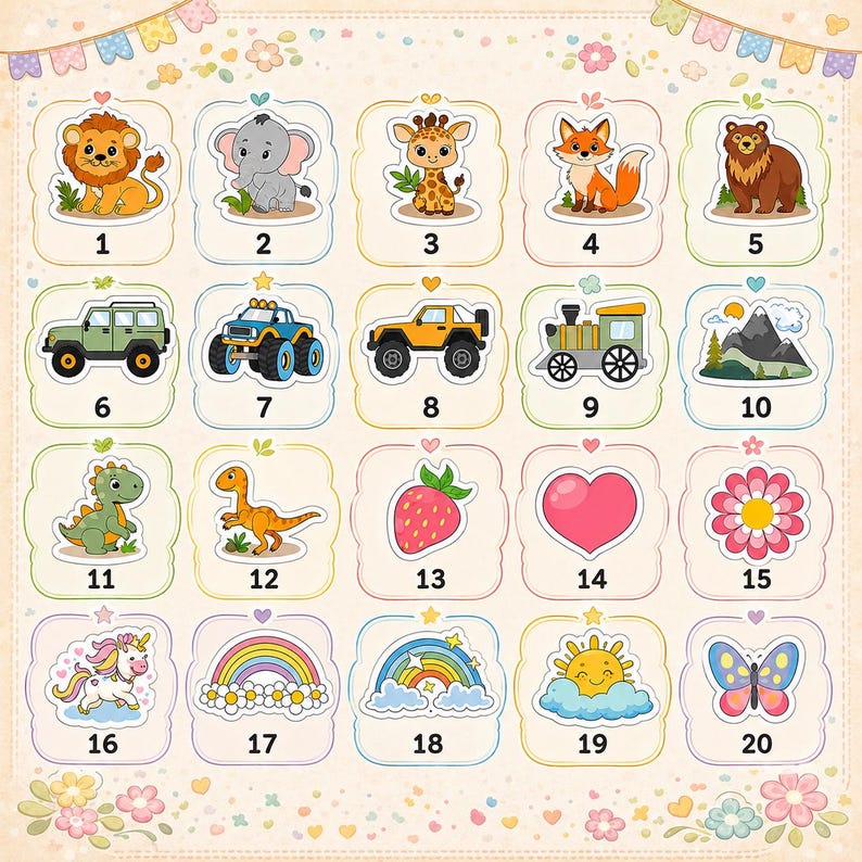 K&ouml;nnte beinhalten: Ein Raster aus zwanzig nummerierten Aufklebern mit Cartoon-Illustrationen von Tieren, Fahrzeugen, Natur und Formen. Die Sammlung umfasst einen L&ouml;wen, Elefanten, Giraffen, Fuchs, B&auml;ren, Lastwagen, Zug, Berge, Dinosaurier, Erdbeere, Herz, Blume, Einhorn, Regenbogen, Sonne und Schmetterling.