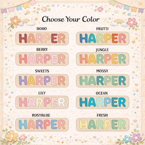 K&ouml;nnte beinhalten: Eine Farbkarte, die den Namen HARPER in zehn verschiedenen Farbkombinationen mit den Bezeichnungen Boho, Frutti, Berry, Jungle, Sweets, Mossy, Lily, Ocean, Rosyblue und Fresh zeigt. Jeder Name ist in einem Holzrahmen mit floralen R&auml;ndern.