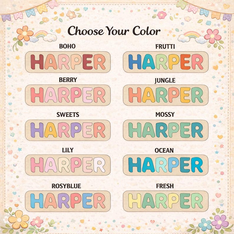 K&ouml;nnte beinhalten: Eine Farbkarte, die den Namen HARPER in zehn verschiedenen Farbkombinationen mit den Bezeichnungen Boho, Frutti, Berry, Jungle, Sweets, Mossy, Lily, Ocean, Rosyblue und Fresh zeigt. Jeder Name ist in einem Holzrahmen mit floralen R&auml;ndern.